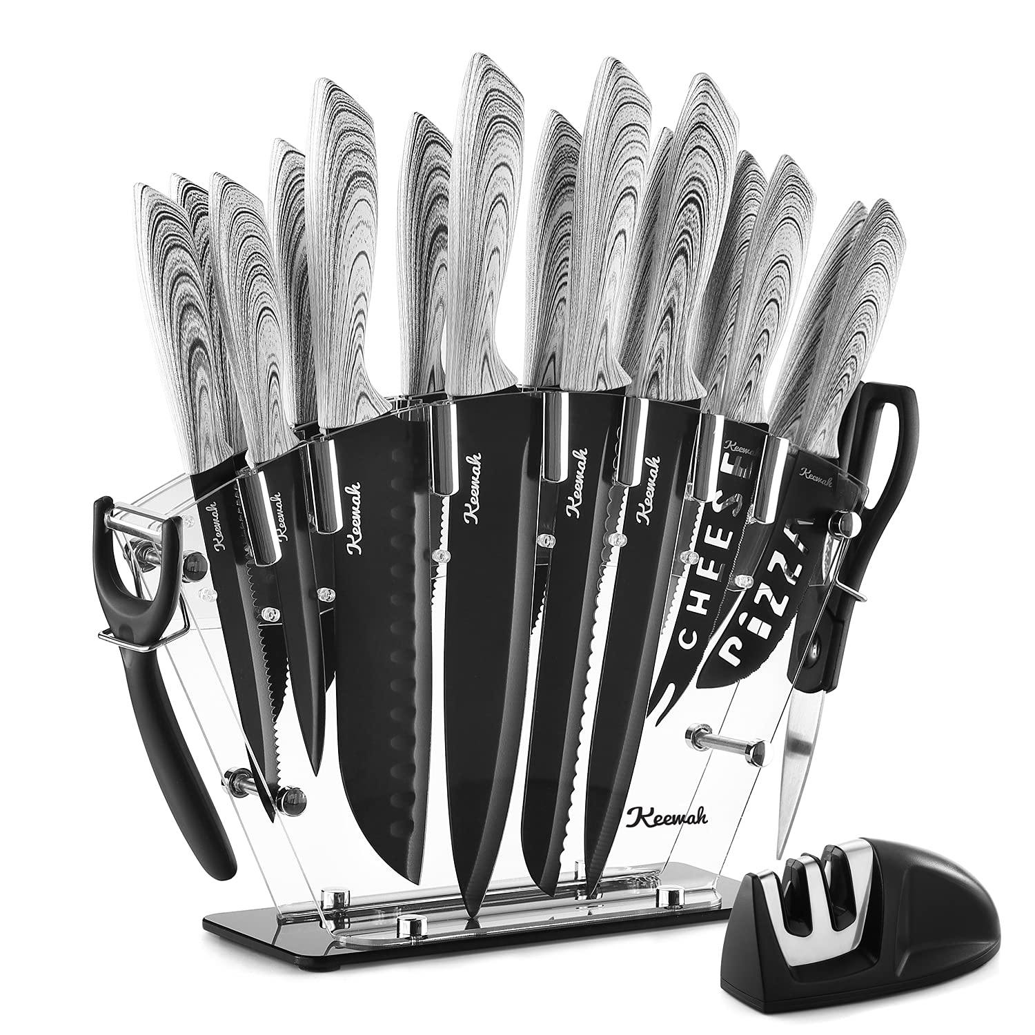 Keewah 19 Pieces Kitchen Knife Set, 15 Stainless Steel Knives with Wood Texture Handle, Acrylic Stand, Scissors, Peeler and Knife Sharpener