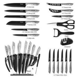 Keewah 19 Pieces Kitchen Knife Set, 15 Stainless Steel Knives with Wood Texture Handle, Acrylic Stand, Scissors, Peeler and Knife Sharpener