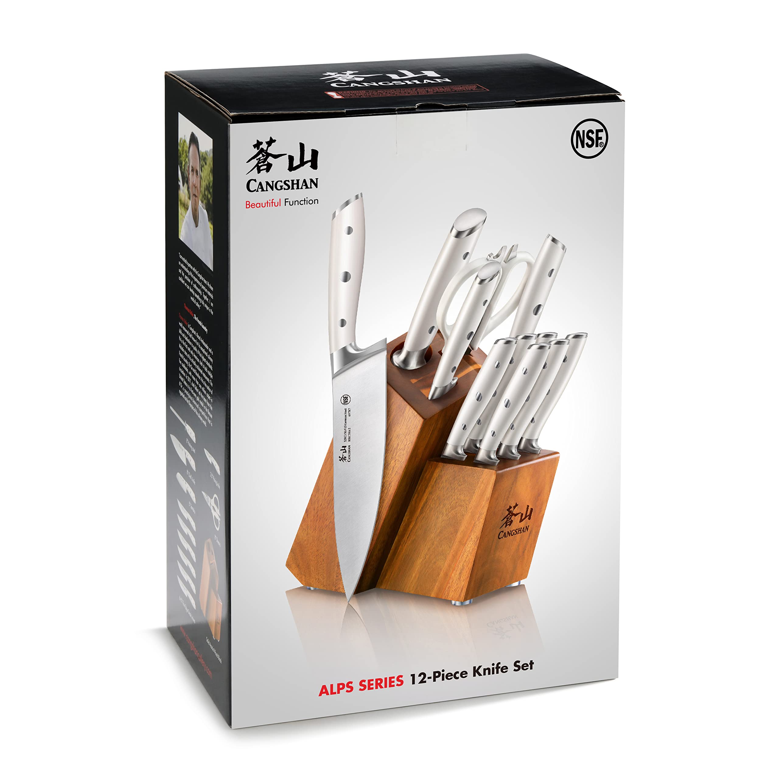 Cangshan Alps Series 1026665 German Steel Forged 12-Piece Knife Block Set, Acacia (White)