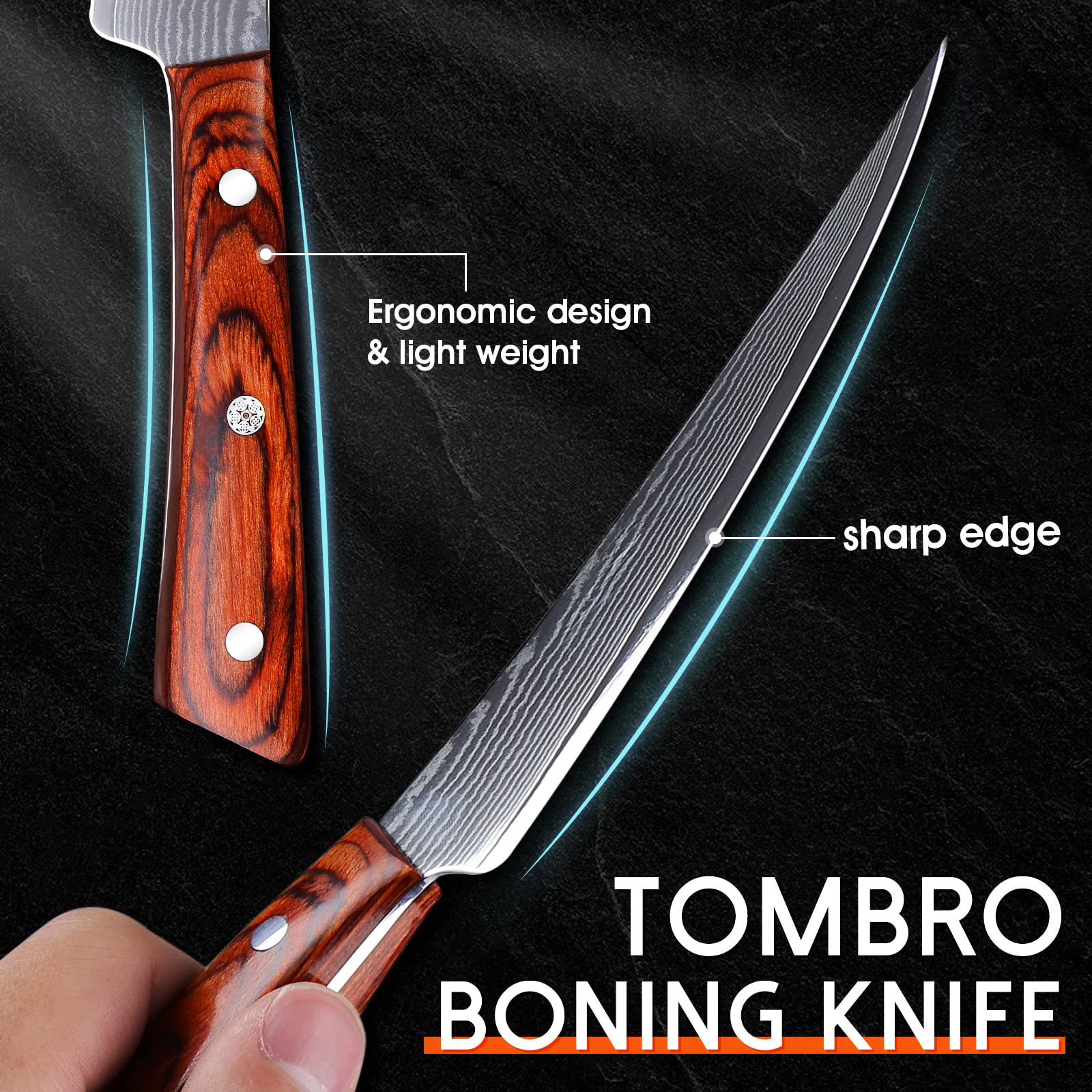 TOMBRO Boning Knife for Meat Cutting,5.5"Damascus Kitchen Knife,Full Tang Fillet Knife with Ergonomic Rosewood Handle,Versatile Deboning Knife With Gift Box,Meat Trimming Butcher Knife for BBQ Brisket