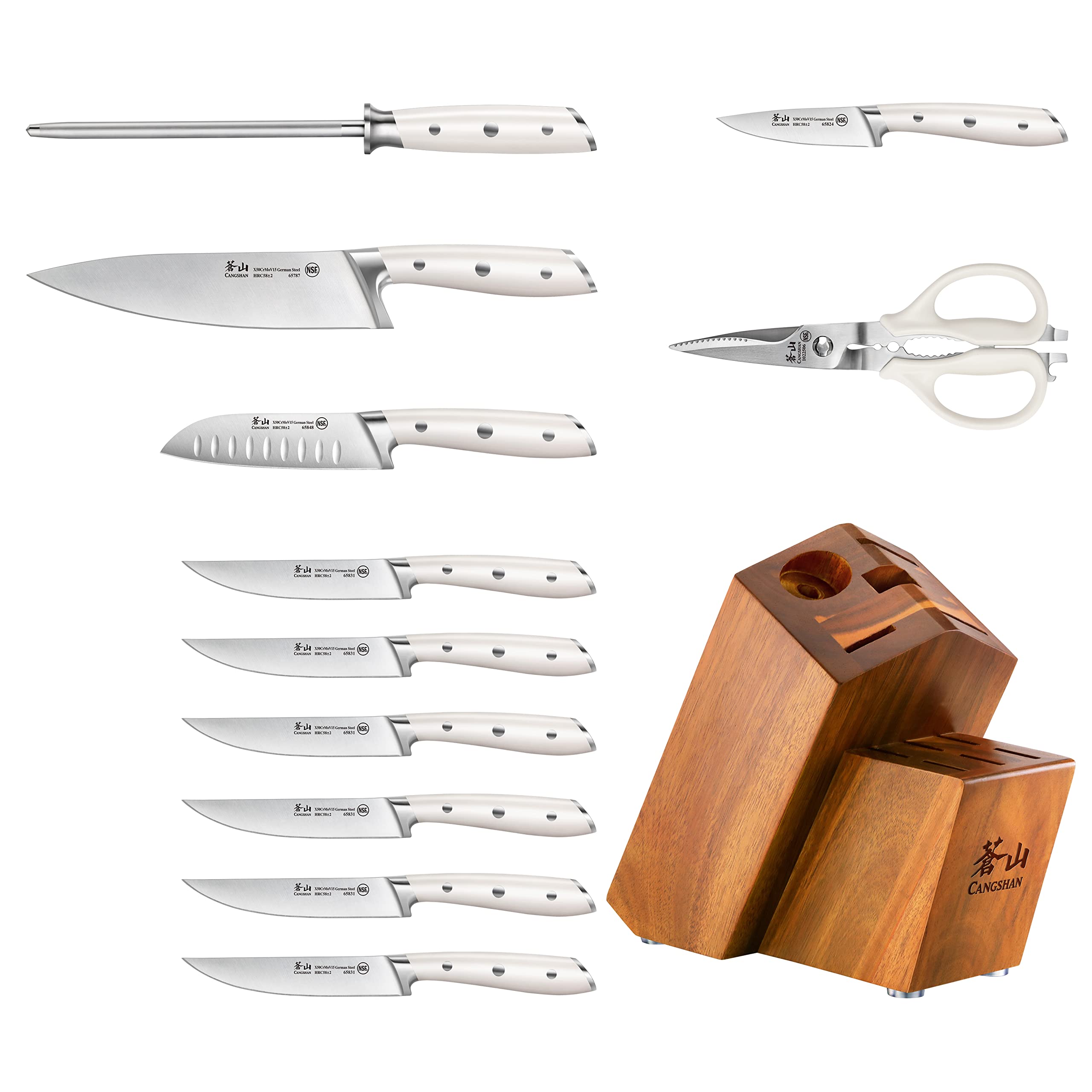 Cangshan Alps Series 1026665 German Steel Forged 12-Piece Knife Block Set, Acacia (White)