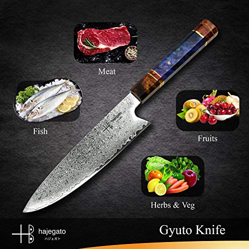 Damascus Chef Knife Gyuto Hajegato Unique One Of Kind Handle Professional 8 Inch Japanese Chefs Kitchen Knife Vg10 67 Layers Damascus Steel Knive with Sheath