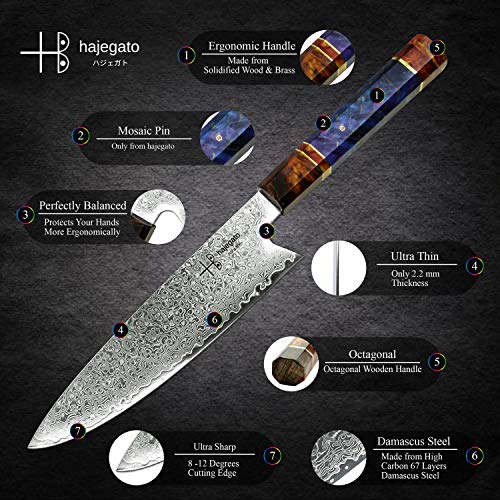 Damascus Chef Knife Gyuto Hajegato Unique One Of Kind Handle Professional 8 Inch Japanese Chefs Kitchen Knife Vg10 67 Layers Damascus Steel Knive with Sheath