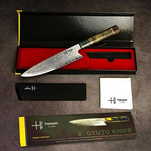 Damascus Chef Knife Gyuto Hajegato Unique One Of Kind Handle Professional 8 Inch Japanese Chefs Kitchen Knife Vg10 67 Layers Damascus Steel Knive with Sheath