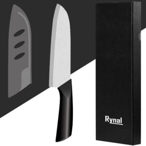 Rynal Ceramic Knife Santoku Knife Meats Fruits Vegetables Knife - Sharp Ceramic Kitchen Knife with Sheath Cover - 7 Inch Black