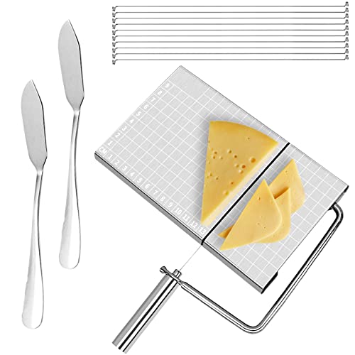 ZOCONE Cheese Slicer with Wire for Block Cheese, Stainless Steel Cheese Cutter with Accurate Size Scale, with 10 Replacement Wires & 2 Stainless Steel Multi-purpose Spreading Knives for Cheese Butter