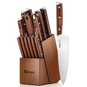 knife set,15-piece kitchen knife set with block wooden - high carbon stainless steel slege knives set,ultra sharp full tang forged