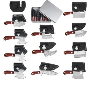 qunclay 11 pieces mini pocket knife set tiny knife damascus for women men axe shape mini knife with pocket knife sharpener and box for beer bottle opener and package box