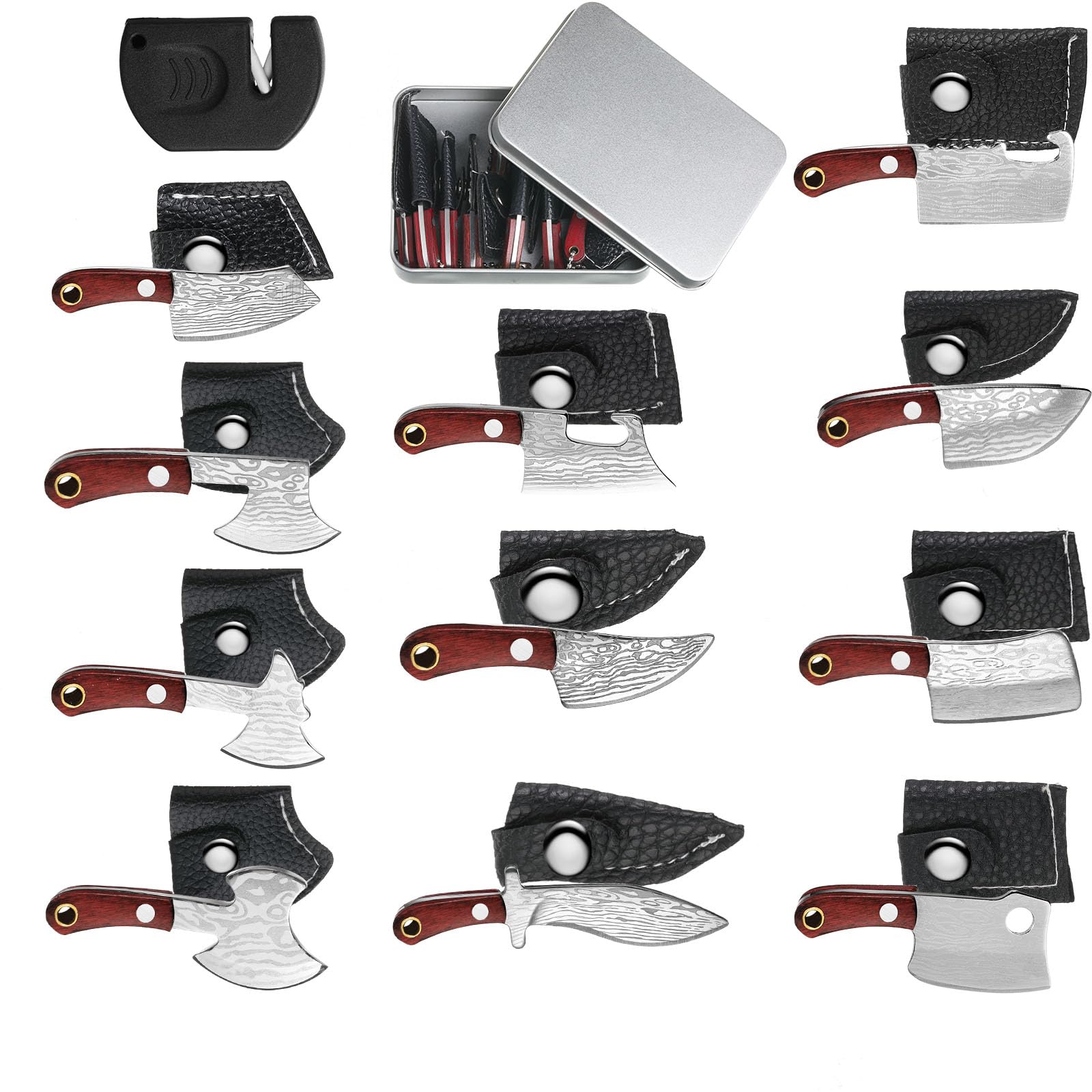 Qunclay 11 Pieces Mini Pocket Knife Set Tiny Knife Damascus for Women Men Axe Shape Mini Knife with Pocket Knife Sharpener and Box for Beer Bottle Opener and Package Box