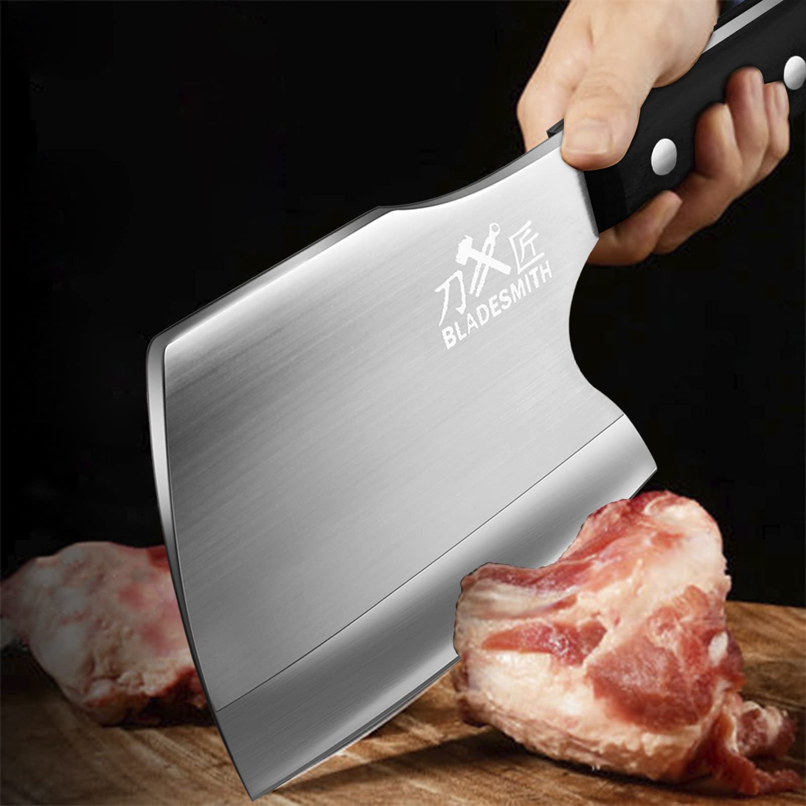 BLADESMITH Bone Knife, Super Heavy Duty Meat Cleaver for Big Bones and beef bones, Axe Blade Shape, 2lbs -7mm Thickness high Carbon Steel, Black wood Handle,2023 Gifts