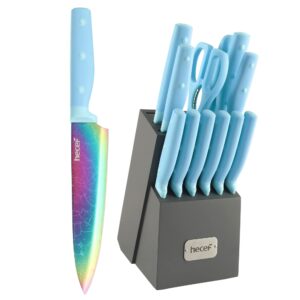 hecef 14 pieces knife set with block, rainbow titanium knives set with laser pattern, martensitic stainless steel chef knife set with sharpener, steak knife, scissors, mothers day gift(blue)