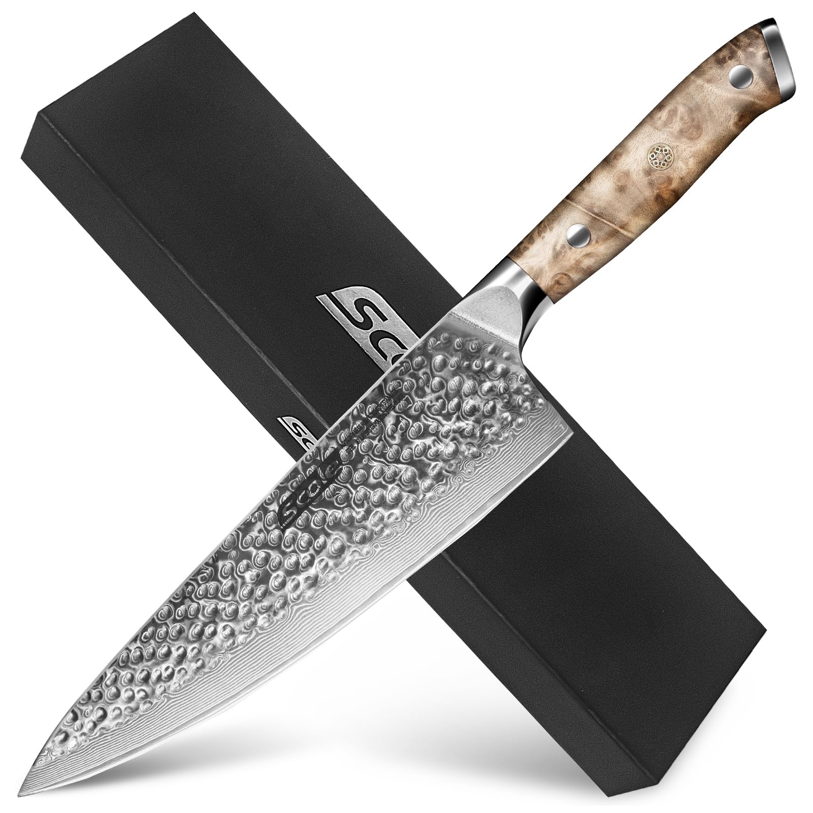 SCOLE® Chef Knife Damascus, 8 Inch Japanese Chefs Knife Razor Sharp, 67 Layers VG-10 Super Damascus Stainless Steel Kitchen Knife with Unique White Shadow Wood Handle Triple Rivet Full Tang, Gift Box