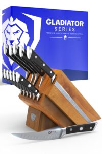 dalstrong 12-piece knife block set - gladiator series elite - black handles - german hc steel - hand-made manchurian ash wood block - nsf certified