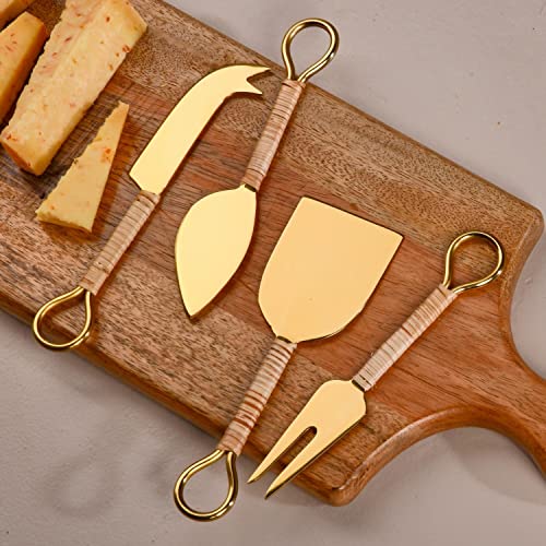 Folkulture Set of 4 Cheese Knife Set for Charcuterie Board, Gold Charcuterie Utensils or Accessories, Cheese Board Knives and Fork Set, Cheese Tools Collection for Christmas Gifts