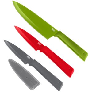 Kuhn Rikon COLORI+ Mixed Knife Set with Non-Stick Coating and Safety Sheaths, Set of 3, Green, Red and Dark Grey