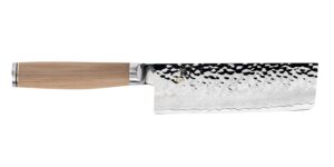 shun premier blonde nakiri knife, 5.5 inch vg-max stainless steel blade with tsuchime finish and pakkawood handle, cutlery handcrafted in japan