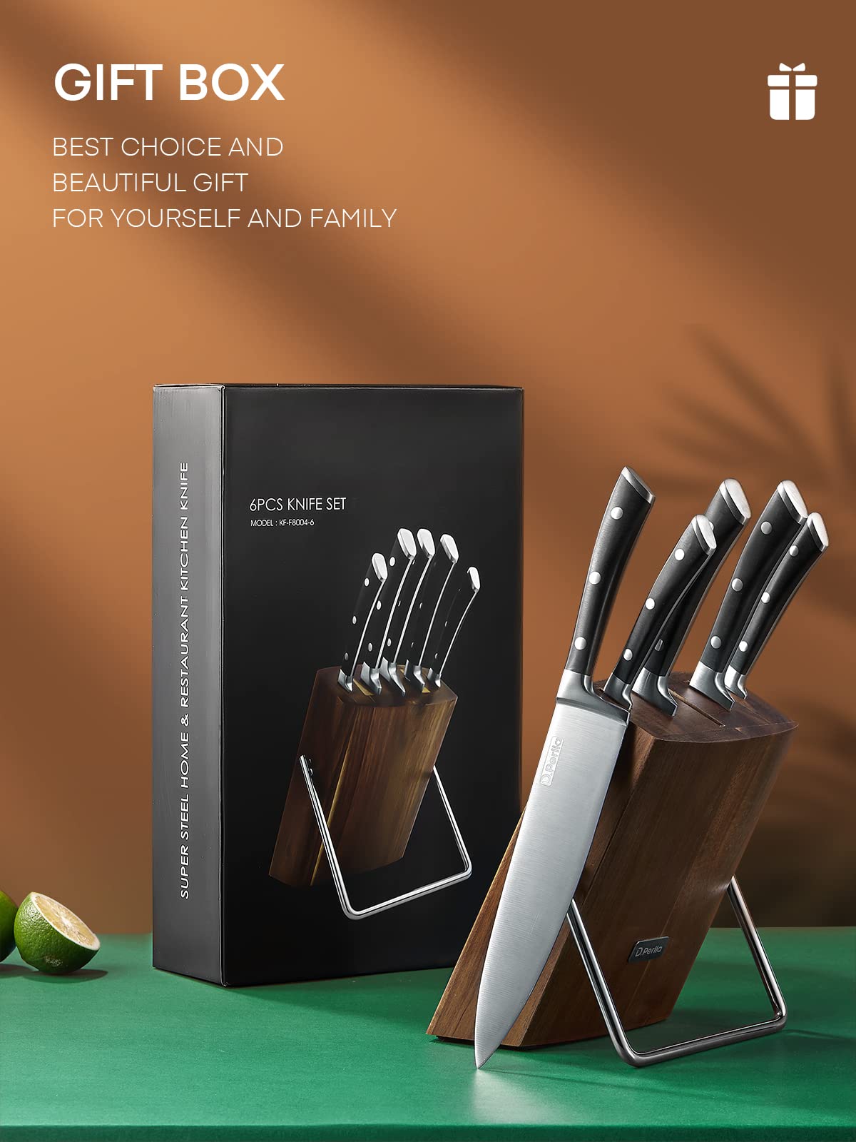 Knife Set, D.Perlla 6 Pieces Small Kitchen Knife Set with Block, German Stainless Steel Knives Set, Sharp Chef Knife Block Set, Brown