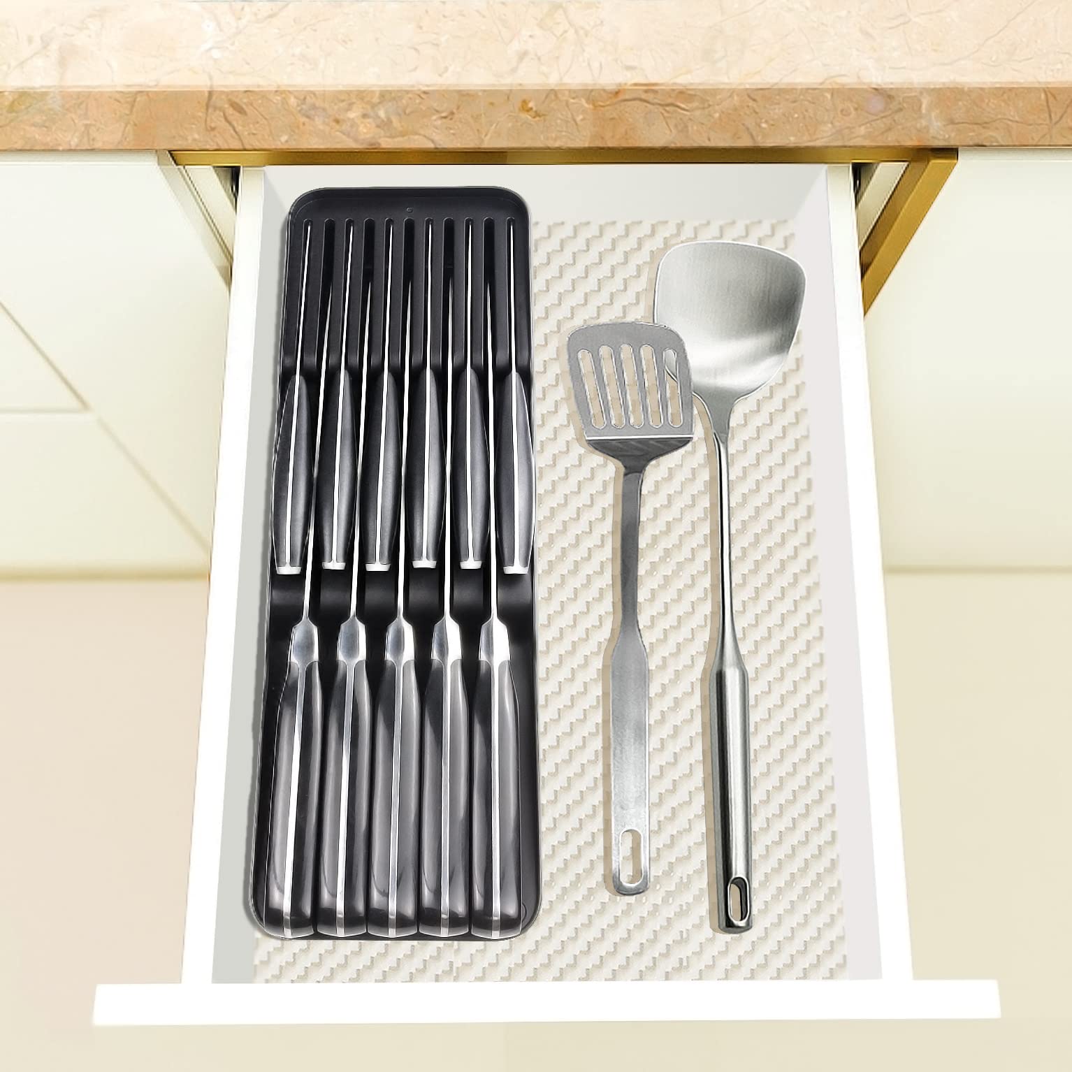 Knife Drawer Organizer Tray for Knives GMEZZO Knife Block Knifes Holder in kitchen drawer, Small, Black