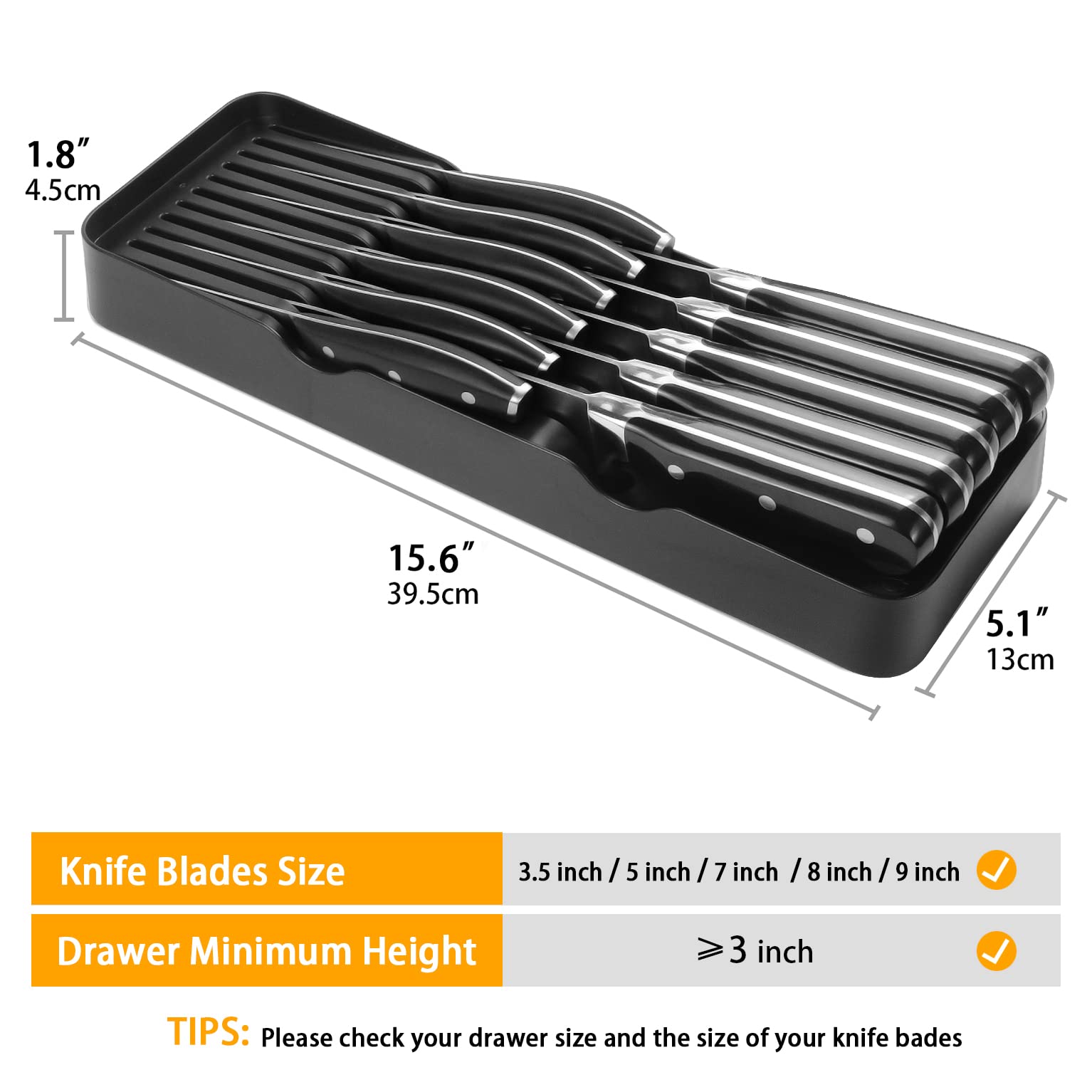 Knife Drawer Organizer Tray for Knives GMEZZO Knife Block Knifes Holder in kitchen drawer, Small, Black