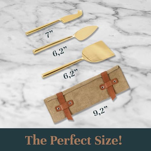 Made in India [UPGRADED] Cheese Knives Set: Stainless Steel Gold 3-Piece Knife Charcuterie Utensils, Spreader, Cutting Spear, Serving Tool, Leather Carrying Pouch