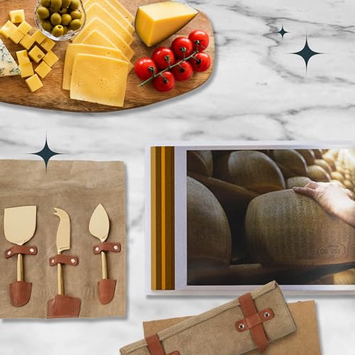 Made in India [UPGRADED] Cheese Knives Set: Stainless Steel Gold 3-Piece Knife Charcuterie Utensils, Spreader, Cutting Spear, Serving Tool, Leather Carrying Pouch