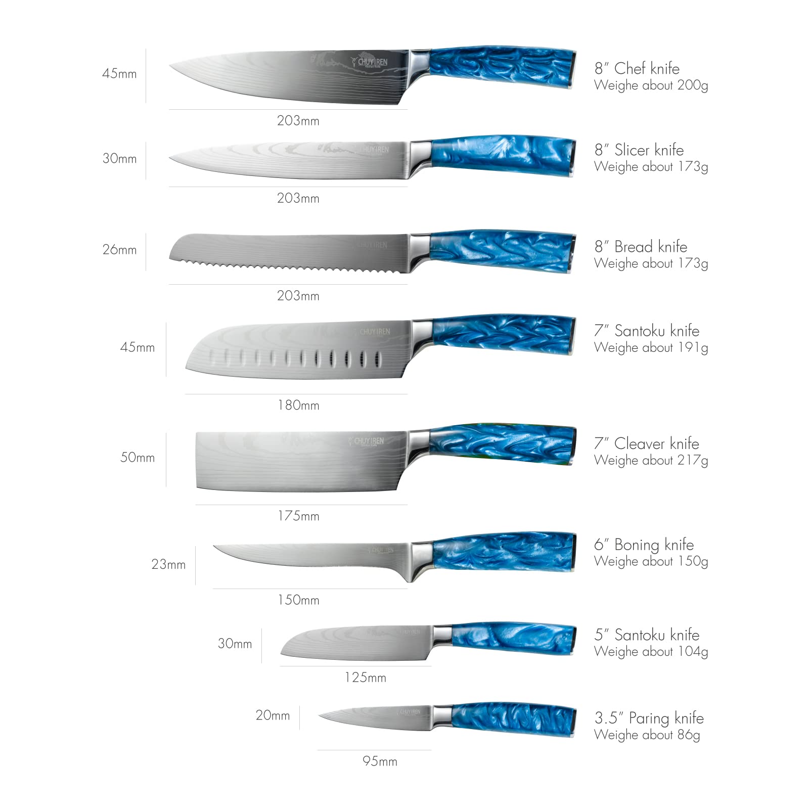 CHUYIREN Chef Knife Set of 8, Professional Kitchen Knife Set for Daily Use, High Carbon Steel Culinary Knives Set for Household Blade Length Varies From 3.5 Inches to 8 Inches, Blue, Valentines Day