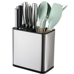 biarts 2 in 1 universal knife block without knives stainless steel knife holder for kitchen counter with drainage hole knife storage with utensil holder modern design, rectangle, 7.7"l x 4.6"w x 7.9"h