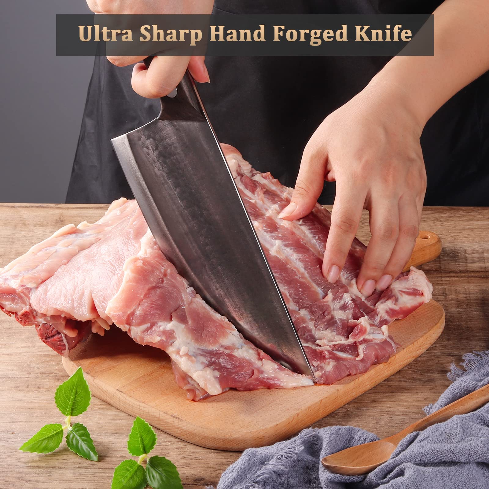 HolaFolks Anti-Rust Oil Coating Hand Forged High Carbon Steel Dividing Knife&Serbian Chef Knife Anti-Rust Oil Coating Meat Cleaver with Sheath