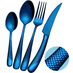 xideman 16-piece ​modern blue hammered silverware set with ultra sharp 2-in-1 serrated knife, 18/10 stainless steel flatware set, utensil cutlery set for 4 person, forks spoons knives set