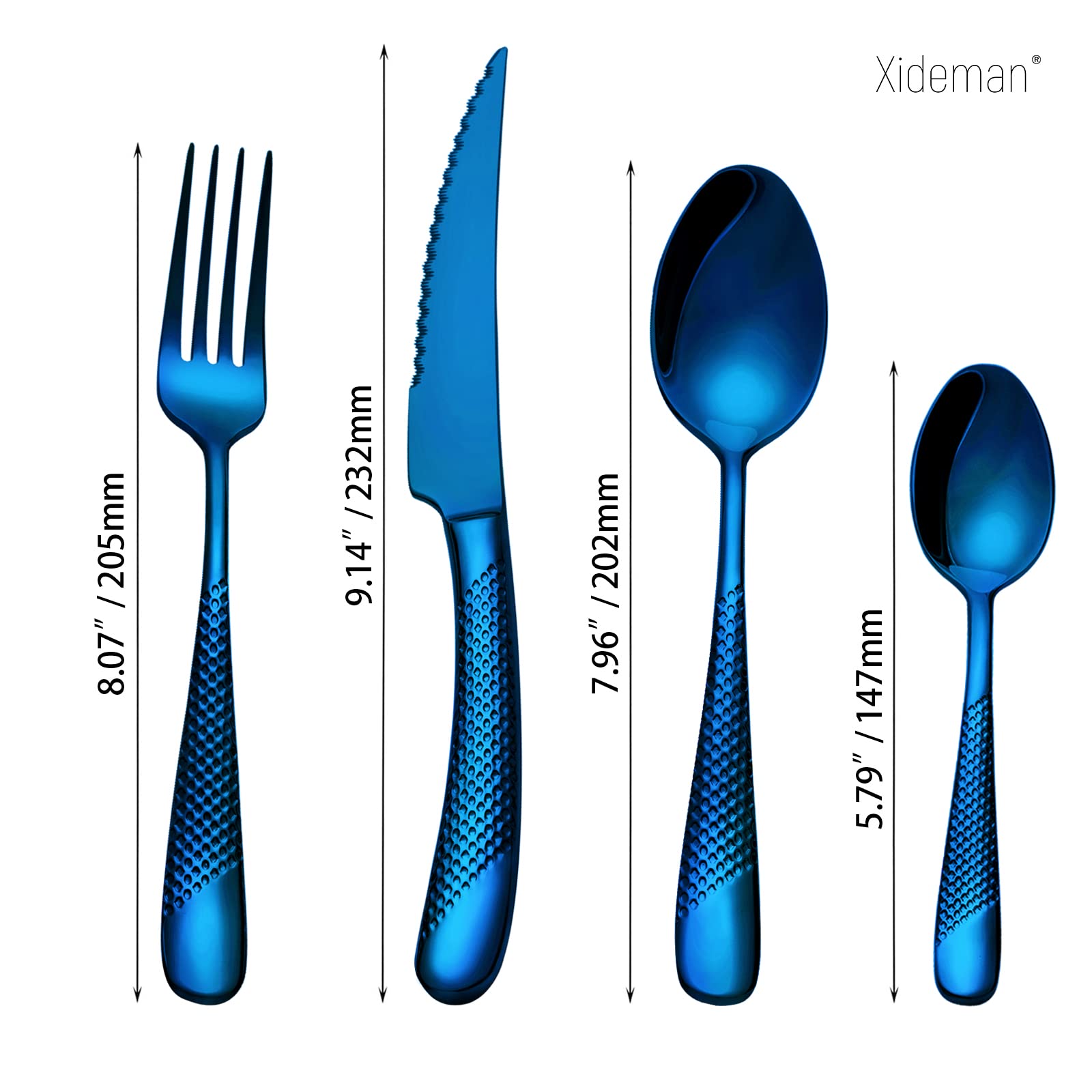 Xideman 16-Piece ​Modern Blue Hammered Silverware Set with Ultra Sharp 2-IN-1 Serrated knife, 18/10 Stainless Steel Flatware Set, Utensil Cutlery Set for 4 Person, Forks Spoons Knives Set