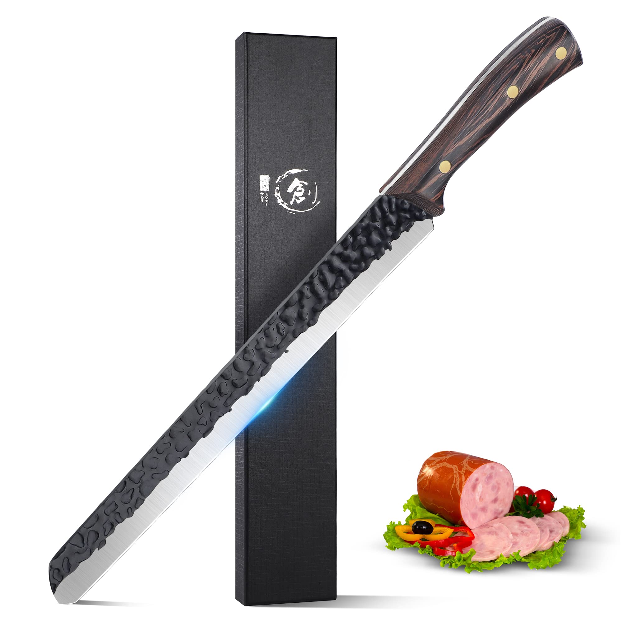 univinlions 11" Slicing Carving Brisket Knife Japanese Hand Forged Full Tang Ham Meat Slicer for Cutting Ribs Roasts Fruits Veggies Grilling BBQ Birthday Thanksgiving Christmas Gift Idea Men