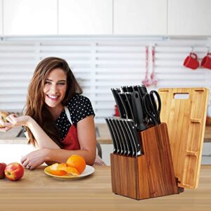 Wood Knife Block Set, 18 Pieces Kitchen Knife Set With Acacia Wood Knife Block, Cutlery With Knife Sharpener&14 Knives, Shear and 1pcs Bamboo Cutting Board Included For Kitchen…