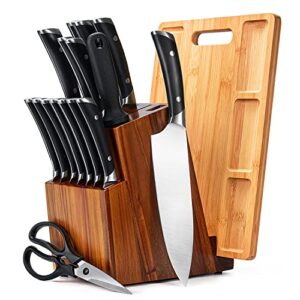 wood knife block set, 18 pieces kitchen knife set with acacia wood knife block, cutlery with knife sharpener&14 knives, shear and 1pcs bamboo cutting board included for kitchen…