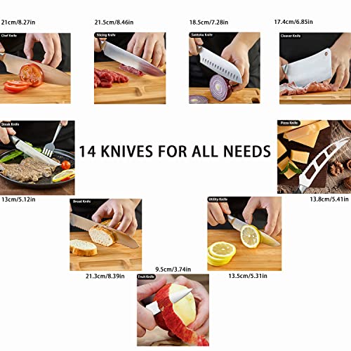 Wood Knife Block Set, 18 Pieces Kitchen Knife Set With Acacia Wood Knife Block, Cutlery With Knife Sharpener&14 Knives, Shear and 1pcs Bamboo Cutting Board Included For Kitchen…