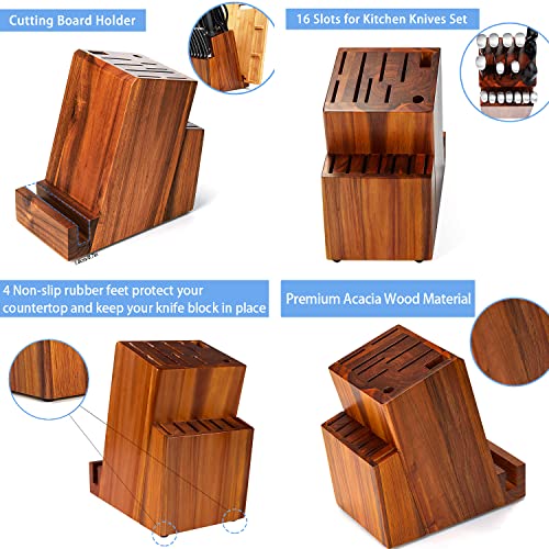 Wood Knife Block Set, 18 Pieces Kitchen Knife Set With Acacia Wood Knife Block, Cutlery With Knife Sharpener&14 Knives, Shear and 1pcs Bamboo Cutting Board Included For Kitchen…