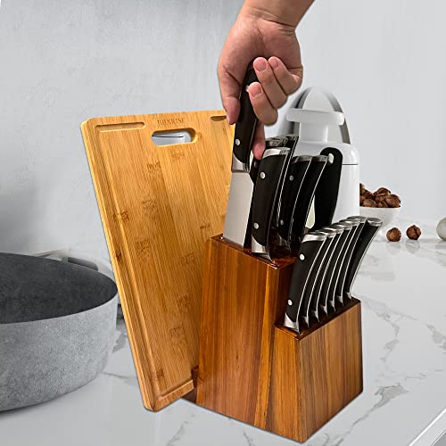 Wood Knife Block Set, 18 Pieces Kitchen Knife Set With Acacia Wood Knife Block, Cutlery With Knife Sharpener&14 Knives, Shear and 1pcs Bamboo Cutting Board Included For Kitchen…