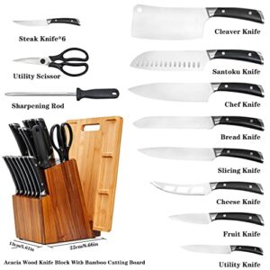 Wood Knife Block Set, 18 Pieces Kitchen Knife Set With Acacia Wood Knife Block, Cutlery With Knife Sharpener&14 Knives, Shear and 1pcs Bamboo Cutting Board Included For Kitchen…