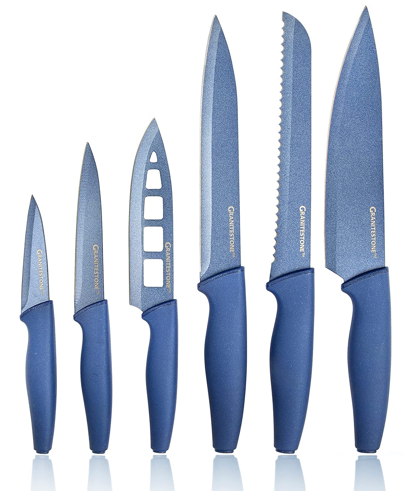 Granitestone Nutriblade Knife Set, High Grade Professional Chef Kitchen Knives Set, Knife Sets Toughened Stainless Steel w Nonstick Mineral Coating, Blue, 6 Piece…