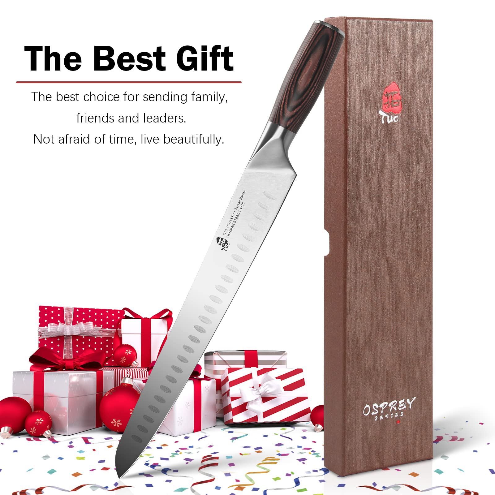 TUO 12 inch Slicing Carving Knife - Ultra Sharp Kitchen Long Slicer for Meat and Vegetable - German HC Stainless Steel Granton Edge- Ergonomic Pakkawood Handle with Gift Box - Osprey Series