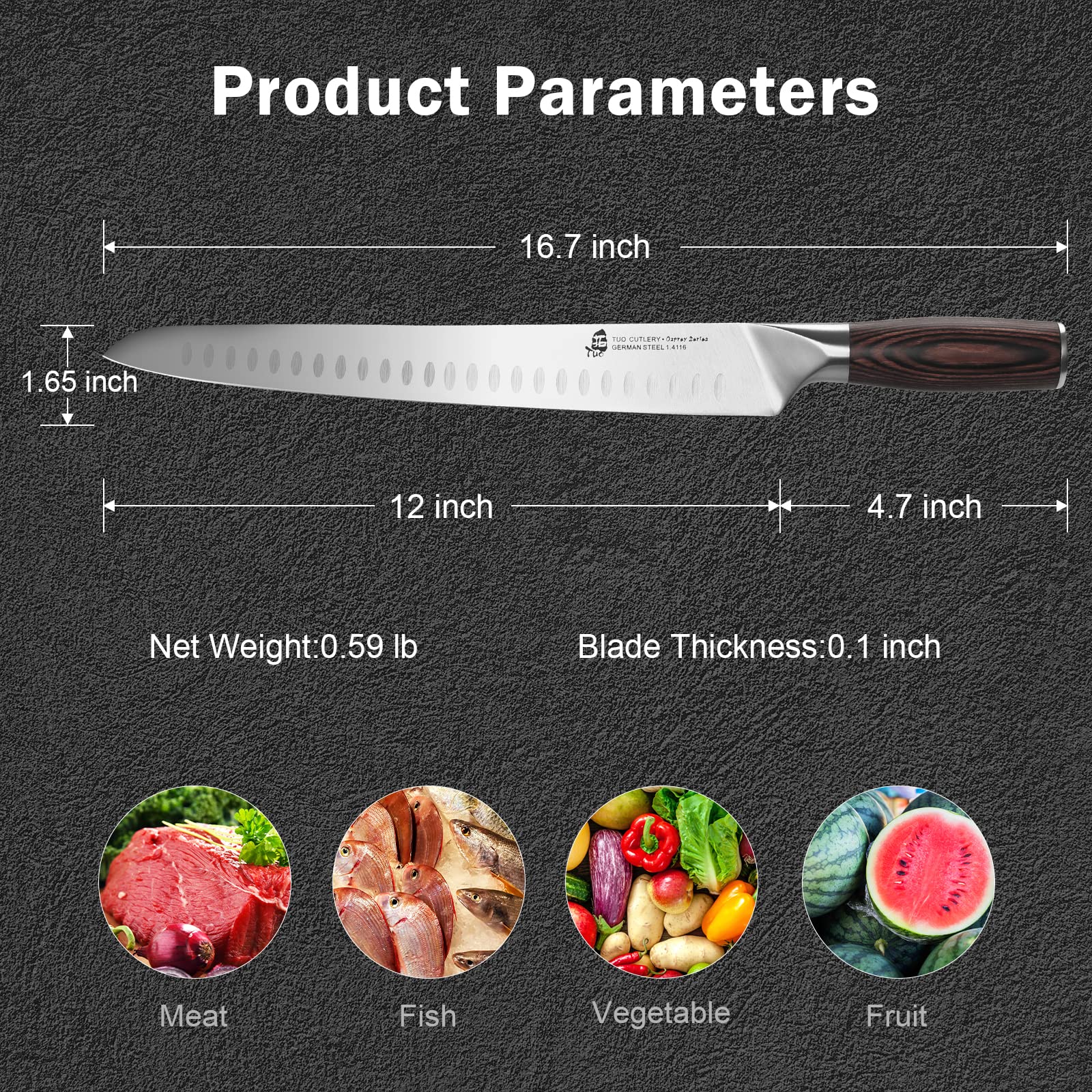 TUO 12 inch Slicing Carving Knife - Ultra Sharp Kitchen Long Slicer for Meat and Vegetable - German HC Stainless Steel Granton Edge- Ergonomic Pakkawood Handle with Gift Box - Osprey Series