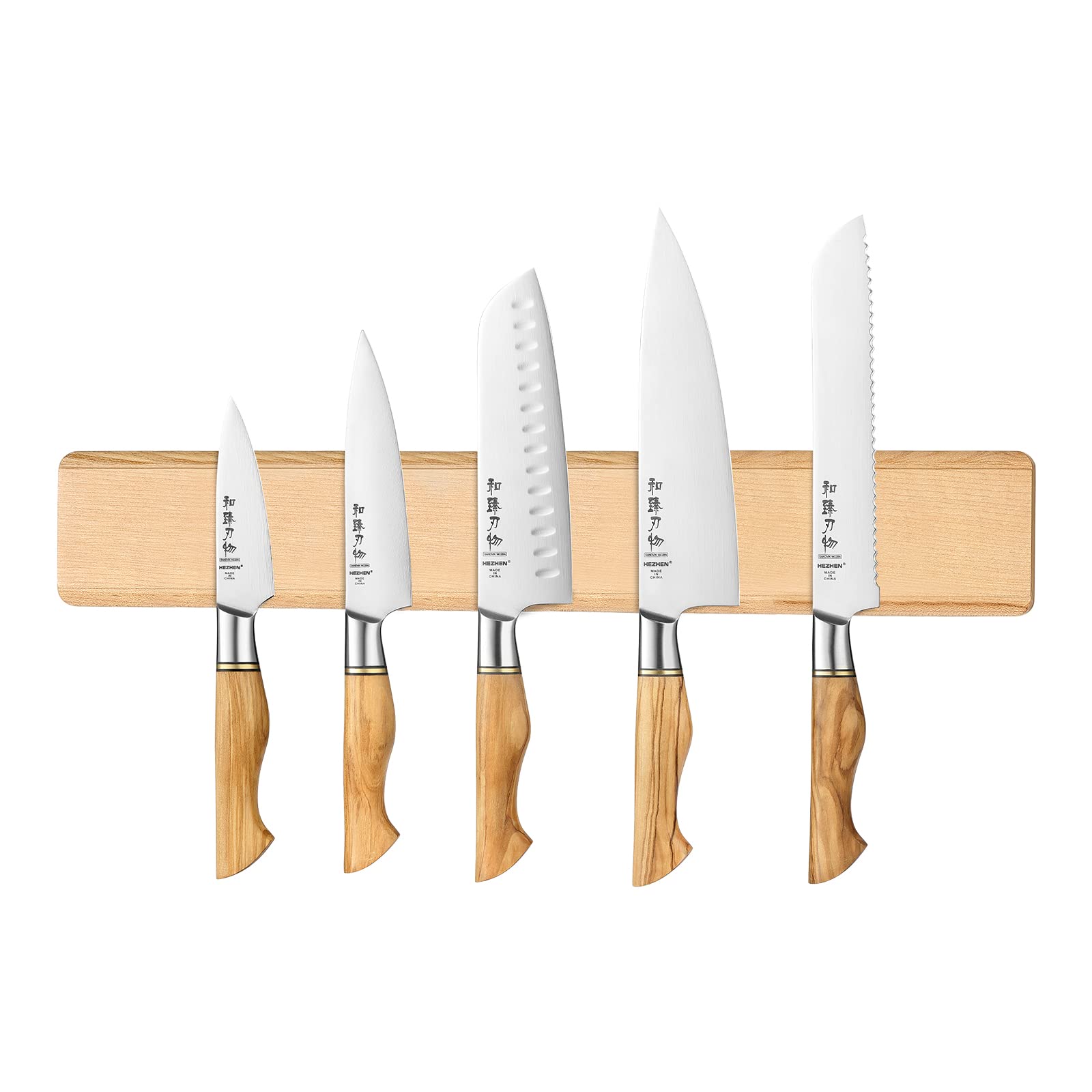 HEZHEN-Sweden Sandvik Stainless Steel Knife Set 5PCS, Forged Kitchen Knives Cooking Tools, Olivewood Handle + Maple Wood Magnetic Knife Strip Knife Bar