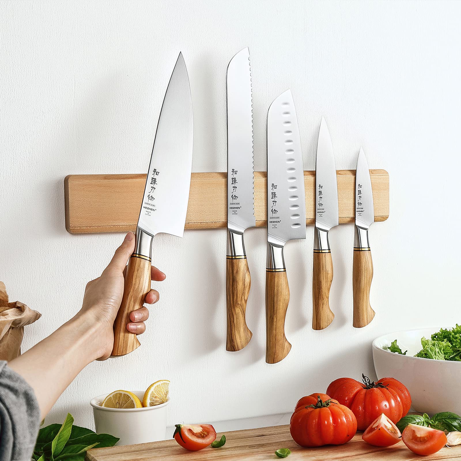 HEZHEN-Sweden Sandvik Stainless Steel Knife Set 5PCS, Forged Kitchen Knives Cooking Tools, Olivewood Handle + Maple Wood Magnetic Knife Strip Knife Bar