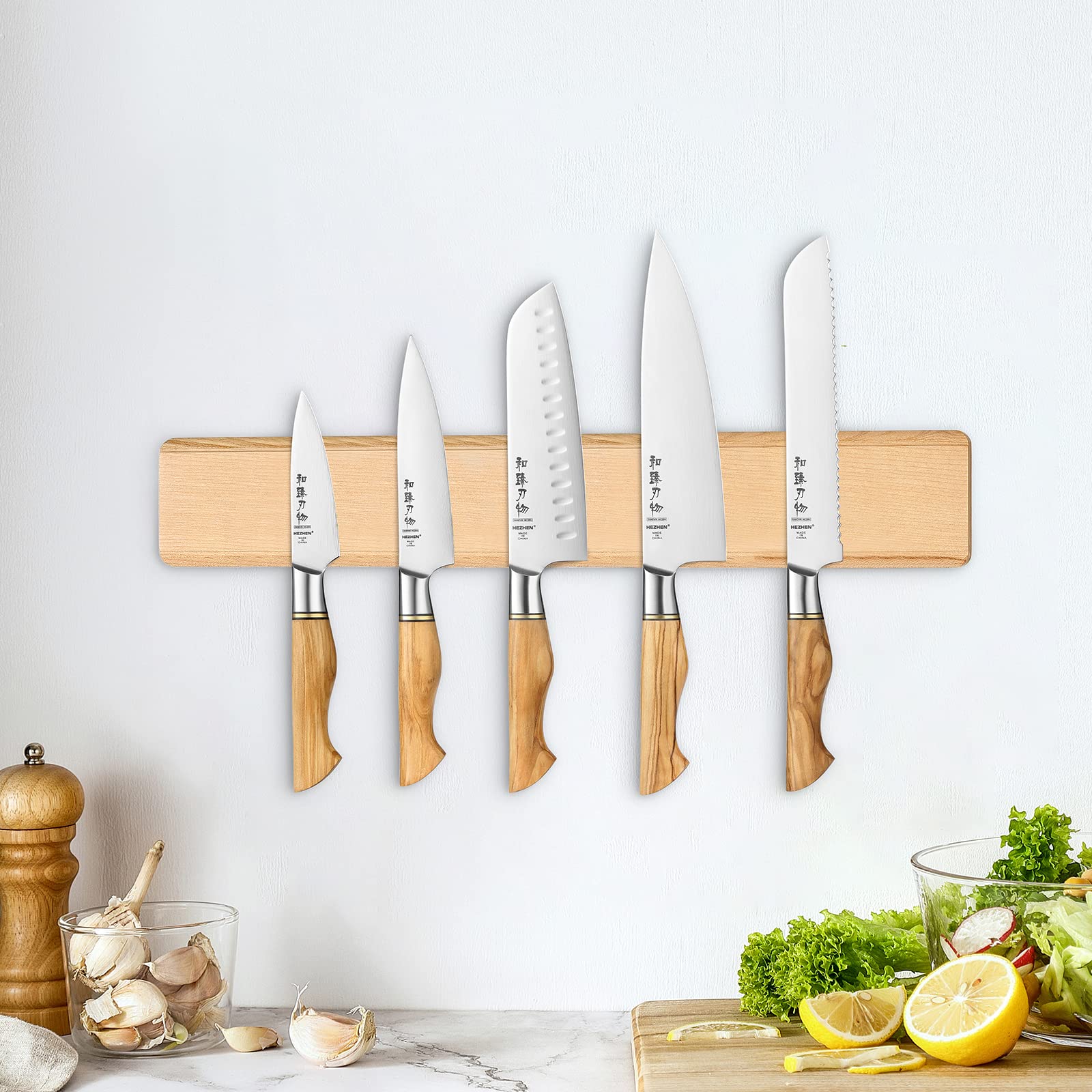 HEZHEN-Sweden Sandvik Stainless Steel Knife Set 5PCS, Forged Kitchen Knives Cooking Tools, Olivewood Handle + Maple Wood Magnetic Knife Strip Knife Bar