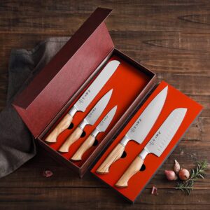 HEZHEN-Sweden Sandvik Stainless Steel Knife Set 5PCS, Forged Kitchen Knives Cooking Tools, Olivewood Handle + Maple Wood Magnetic Knife Strip Knife Bar