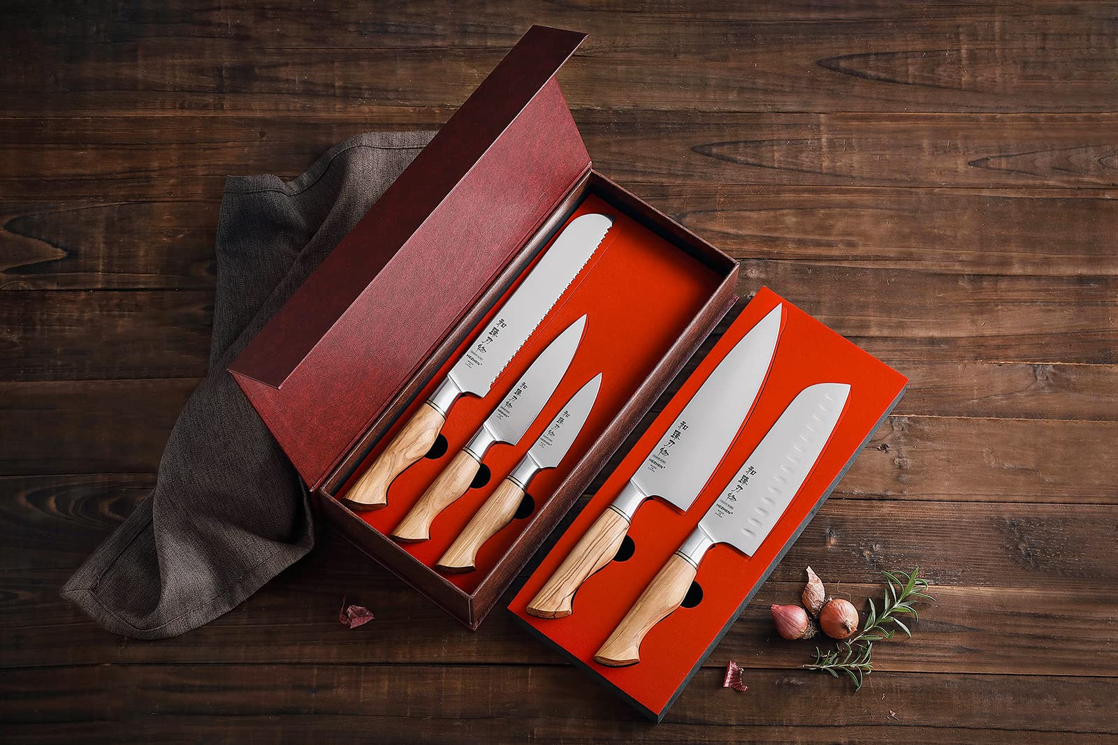 HEZHEN-Sweden Sandvik Stainless Steel Knife Set 5PCS, Forged Kitchen Knives Cooking Tools, Olivewood Handle + Maple Wood Magnetic Knife Strip Knife Bar