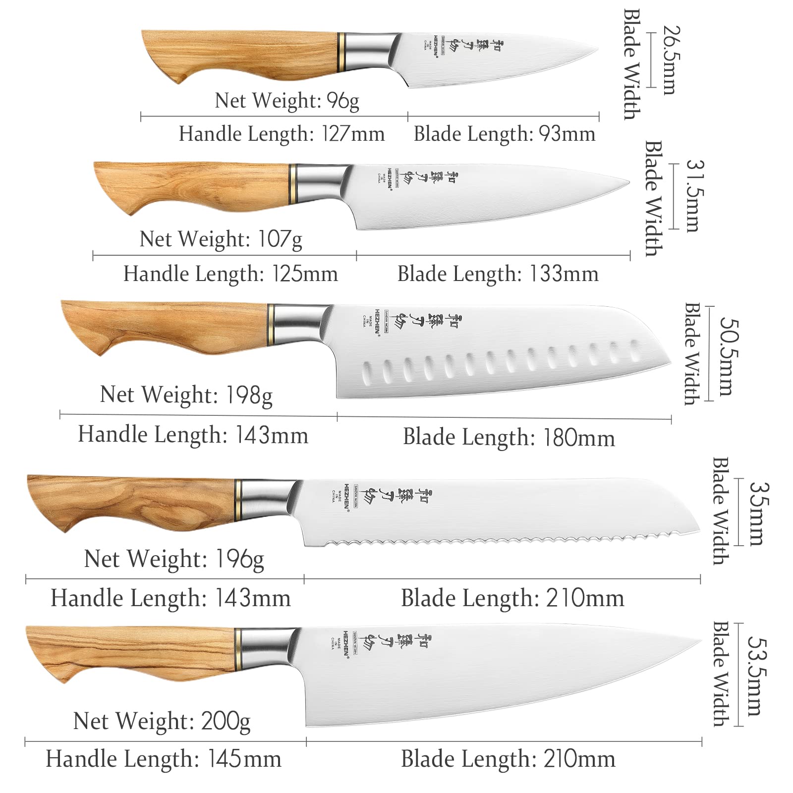 HEZHEN-Sweden Sandvik Stainless Steel Knife Set 5PCS, Forged Kitchen Knives Cooking Tools, Olivewood Handle + Maple Wood Magnetic Knife Strip Knife Bar