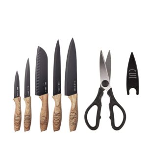 rae dunn everyday collection set of 5 stainless steel knives and rae dunn kitchen scissors- stainless steel, with soft grip handles (black)