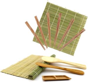 bamboomn sushi maker kit 2x green bamboo rolling mats, 1x rice paddle, 1x spreader, 1x compartment sauce dish + 6 prs chopsticks | 100% bamboo mats and utensils