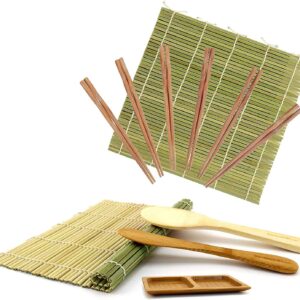 BambooMN Sushi Maker Kit 2x Green Bamboo Rolling Mats, 1x Rice Paddle, 1x Spreader, 1x Compartment Sauce Dish + 6 Prs Chopsticks | 100% Bamboo Mats and Utensils