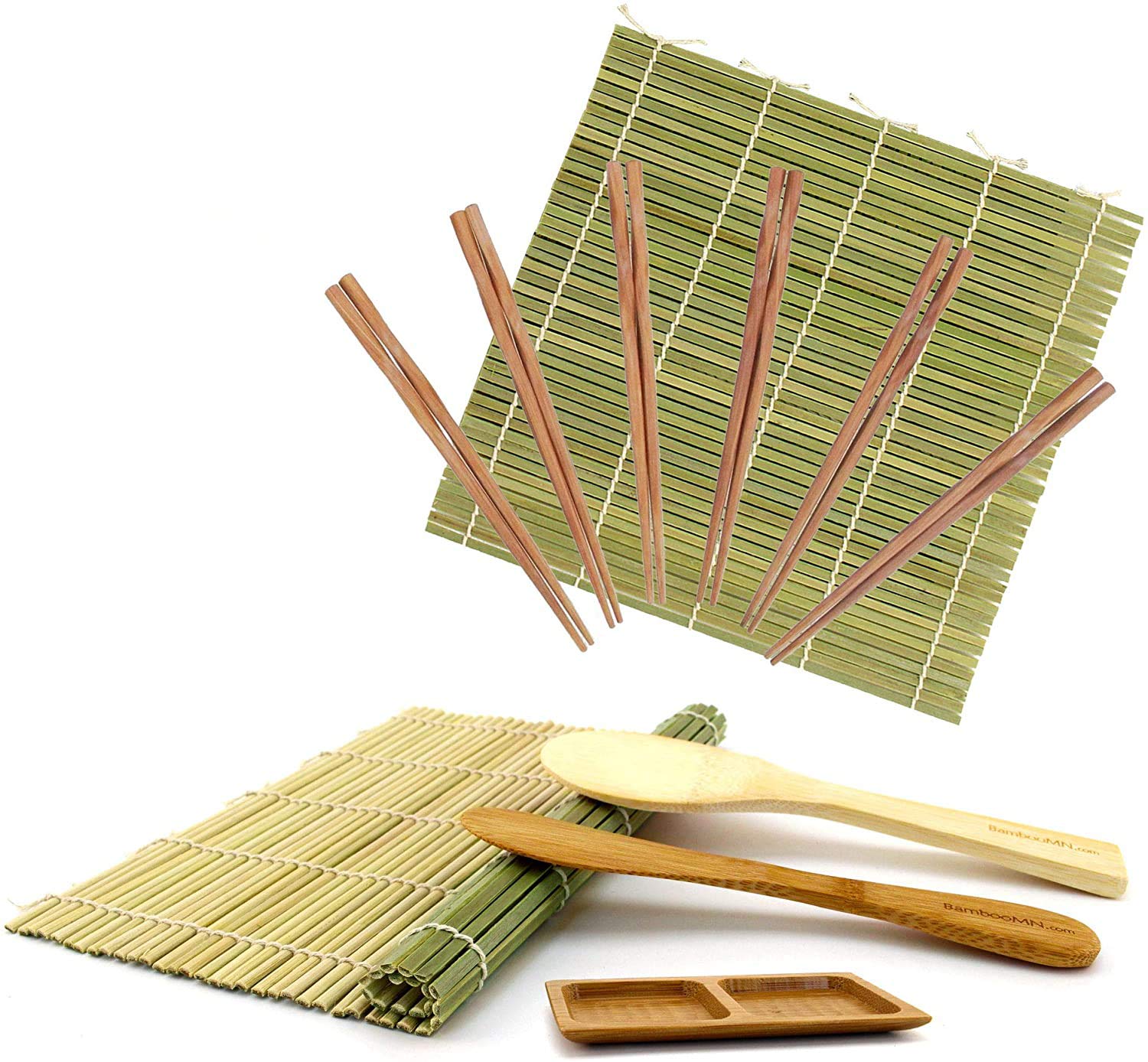 BambooMN Sushi Maker Kit 2x Green Bamboo Rolling Mats, 1x Rice Paddle, 1x Spreader, 1x Compartment Sauce Dish + 6 Prs Chopsticks | 100% Bamboo Mats and Utensils